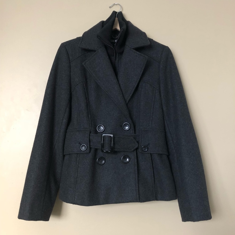 {GUESS} Gray Double Breasted Belted Wool Peacoat